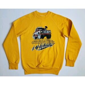 Vtg Bassett Walker Yellow Sweatshirt "Cold Beer, Country Music & 4-Wheelin" Sz M